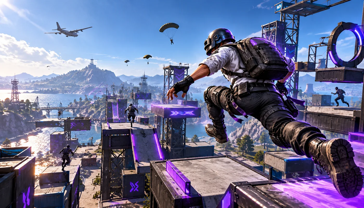 PUBG Mobile parkur haritası ve taktik teçhizat temalı kapak görseli